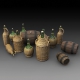 35; Wicker Bottles Demijohn Glass and small barrels